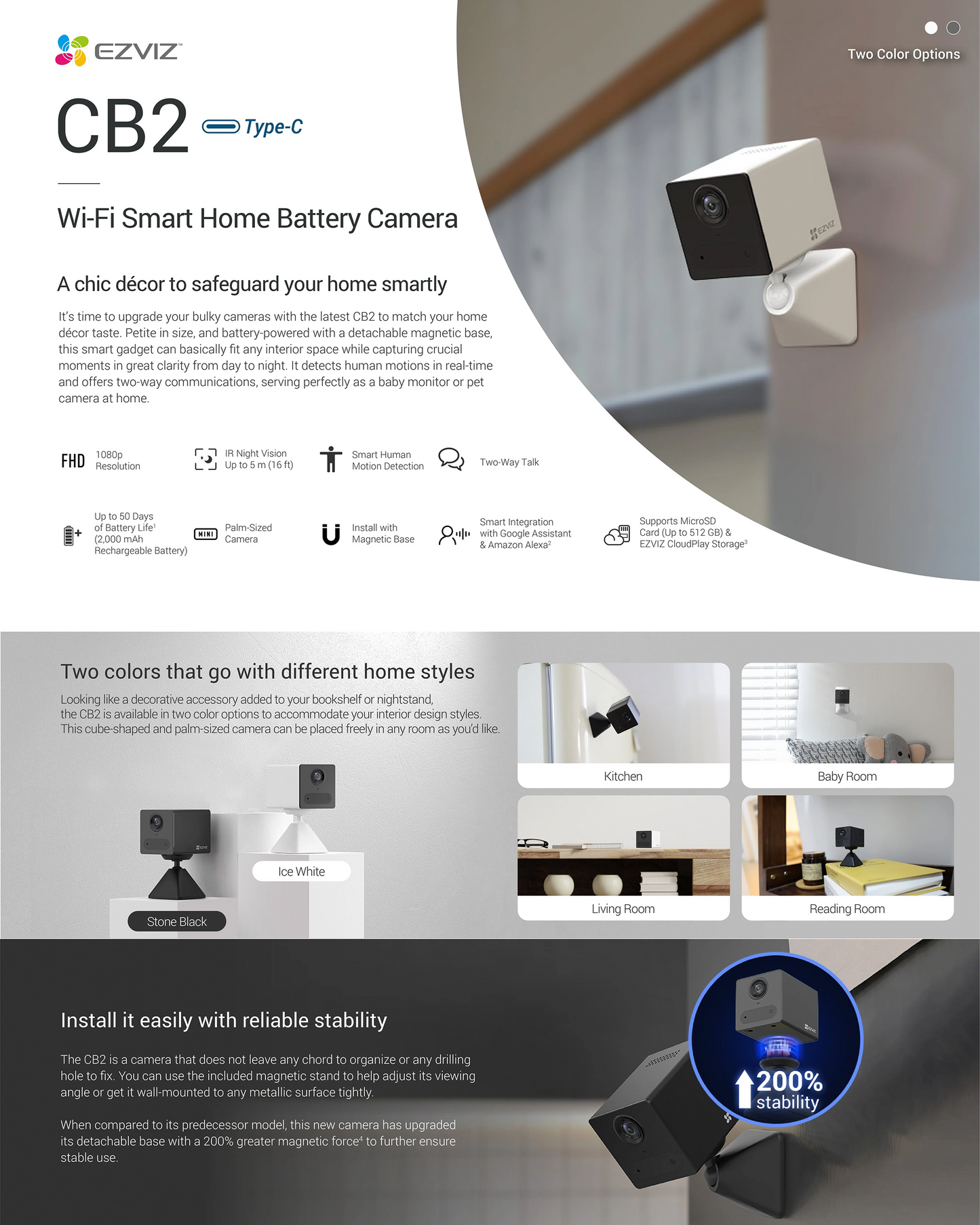 EZVIZ - كاميرا CB2 الذكية للمنزل تعمل بالبطارية مع Wi-Fi